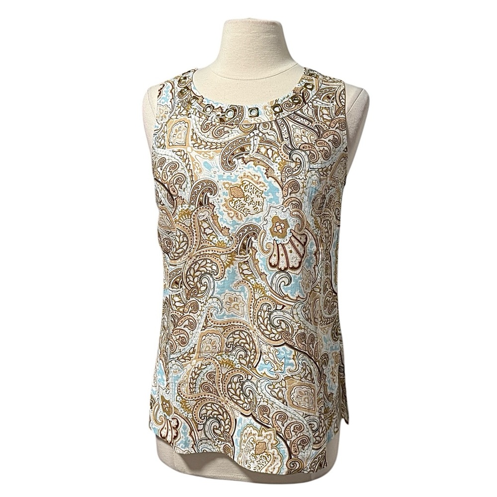 David Brooks Paisley Linen Blend Sleeveless Grommet Neck Top Size Small NWOT